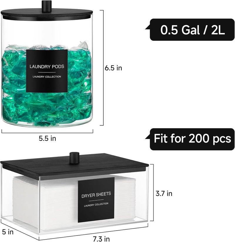 TIPGO 3 Pack Glass Jars and Acrylic Dryer Sheet Holder, Laundry Pods Container with Bamboo Lid and Measuring Cups for Laundry Room Organization, Powder Detergent Containers (Black) - Image 2